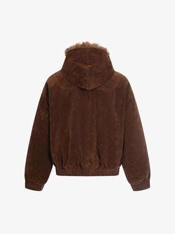 Streetwear Metal Clip Faux Fur Hooded Suede Bomber Jacket - 2597 