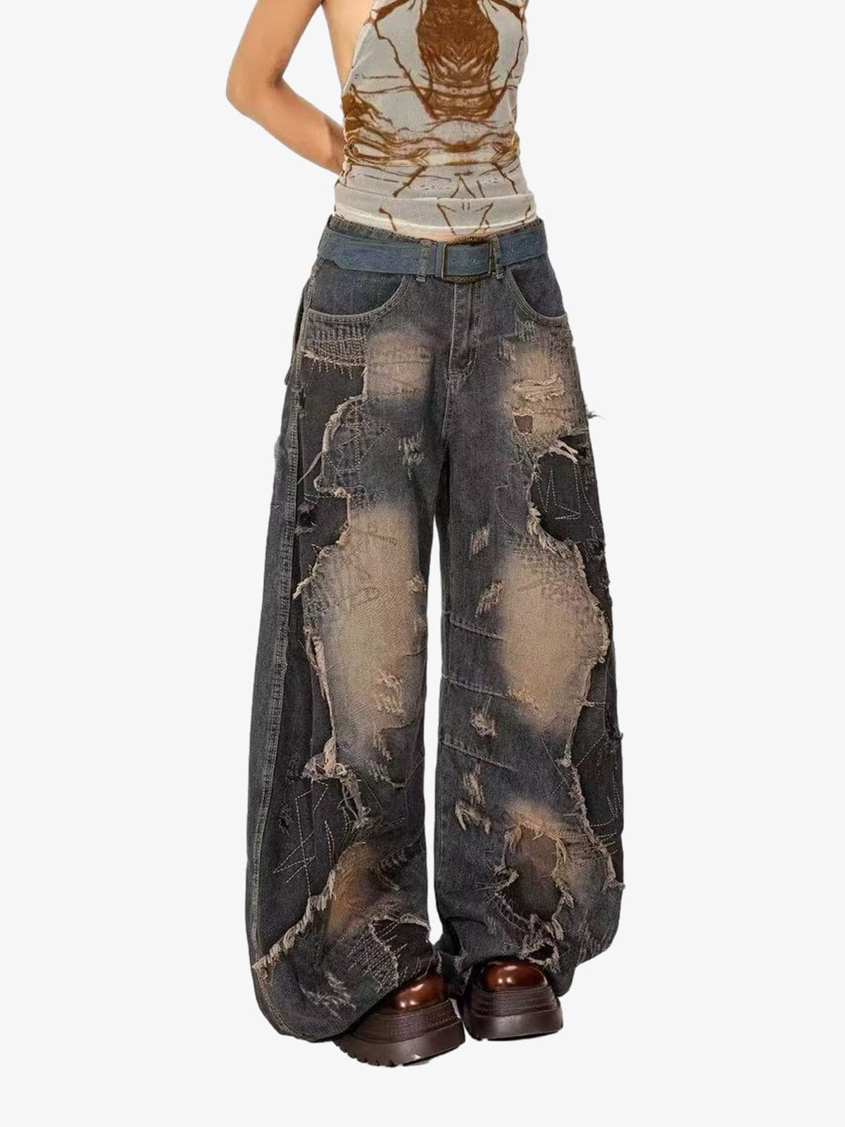 Vintage Washed Patchwork Distressed Barrel Jeans 