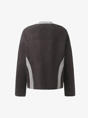 Faux Suede Paneled Embroidered Long Sleeve Tee
