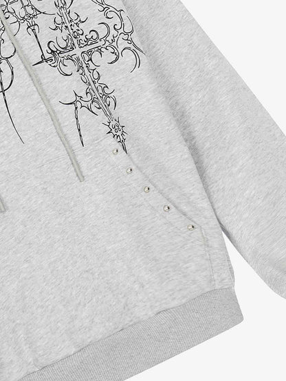 Floral Line Art Studded Pocket Hoodie