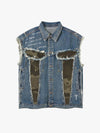 thesupermade-Denim Sleeveless Vest with Camouflage Patchwork and  Ripped Details ，cross pattern printing technology 