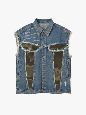 thesupermade-Denim Sleeveless Vest with Camouflage Patchwork and  Ripped Details ，cross pattern printing technology 