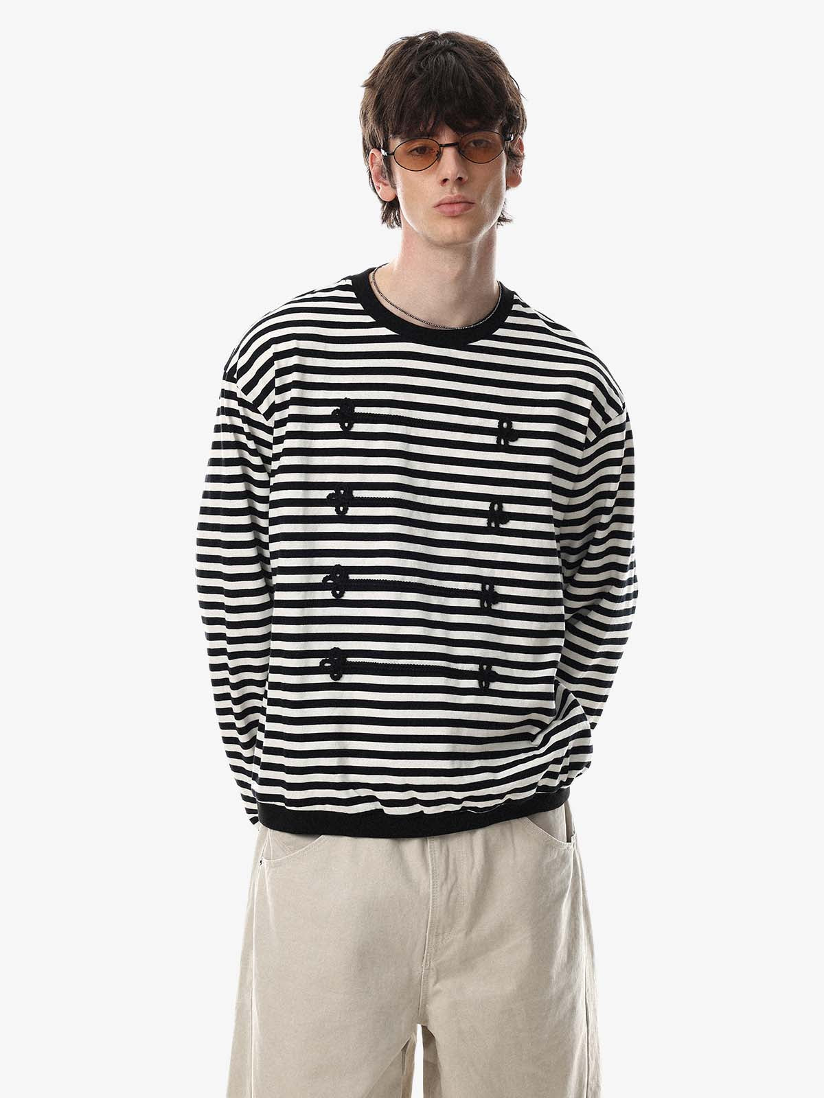 Striped Frog-Button Long Sleeve Tee