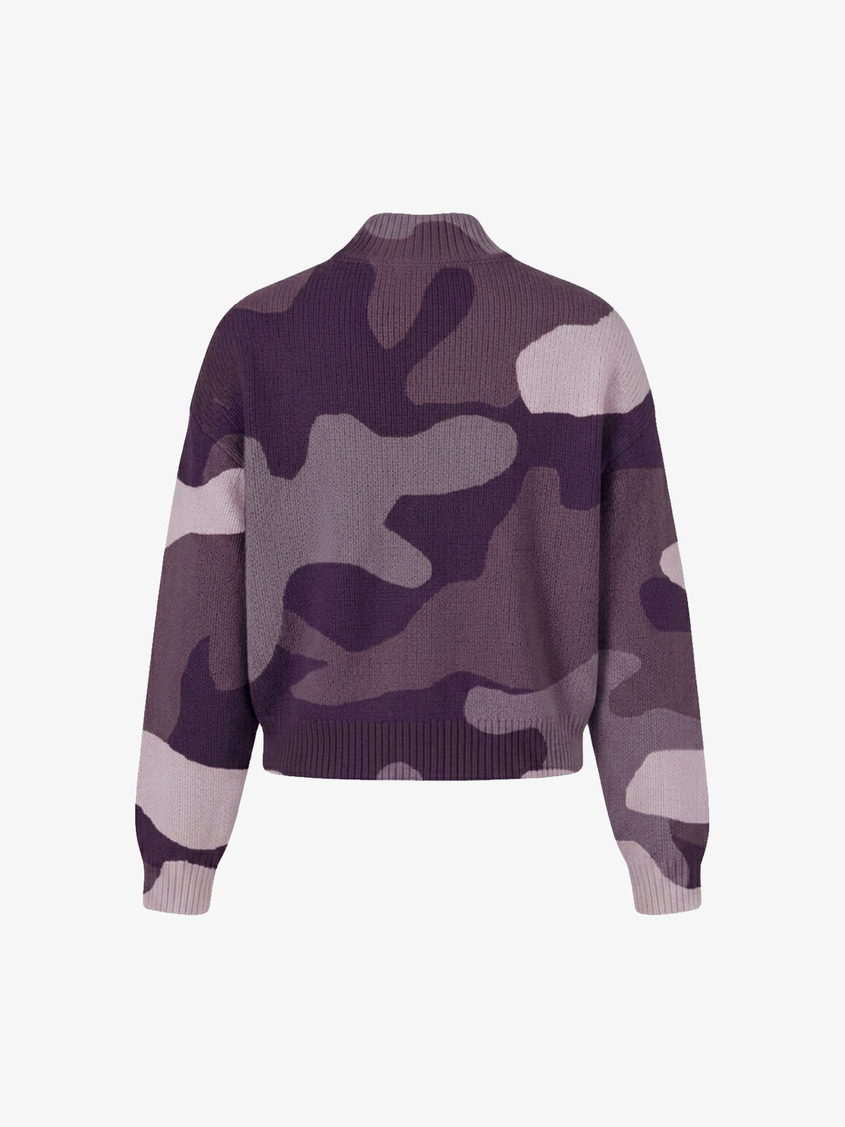 Camo Pattern Jacquard Knit Full-Zip Stand Collar Sweater