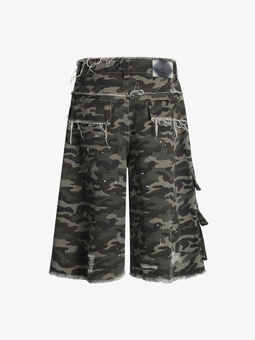 Distressed Camo Multi-Pocket Straight-Leg Jorts - 2611 
