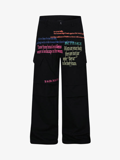 Stylish Wide-Leg Trousers with Embroidered Text and Multi-Pockets for Modern Fashionistas 