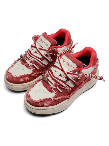 Washed Denim Low-Top Raw Edge Sneakers 