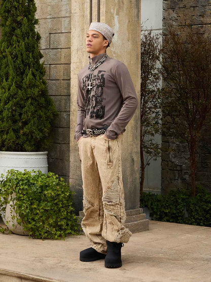 Distressed Denim Cargo Pants with Ripped Details and Patchwork Design for Men Women Fashion Streetwear 