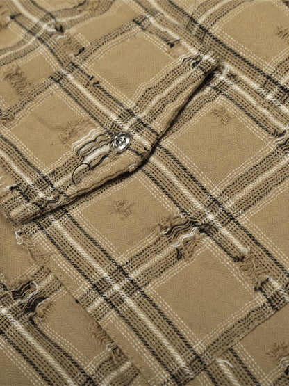 Ripped Plaid Cotton Long Sleeve Shirt for Men - Distressed Checkered Button-Up Casual overshirt 