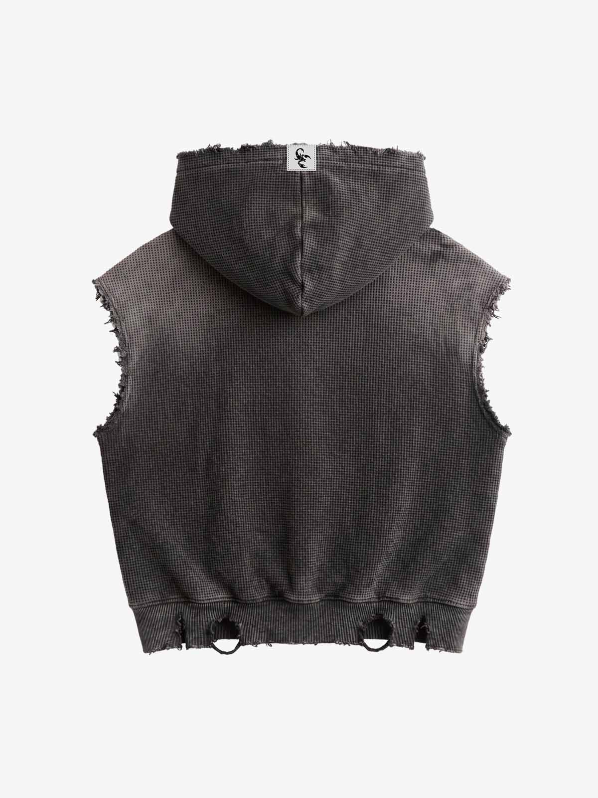 Distressed Multi-Label Graphic Sleeveless Zip Hoodie