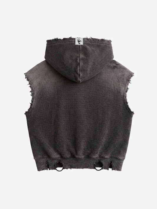 Distressed Multi-Label Graphic Sleeveless Zip Hoodie 