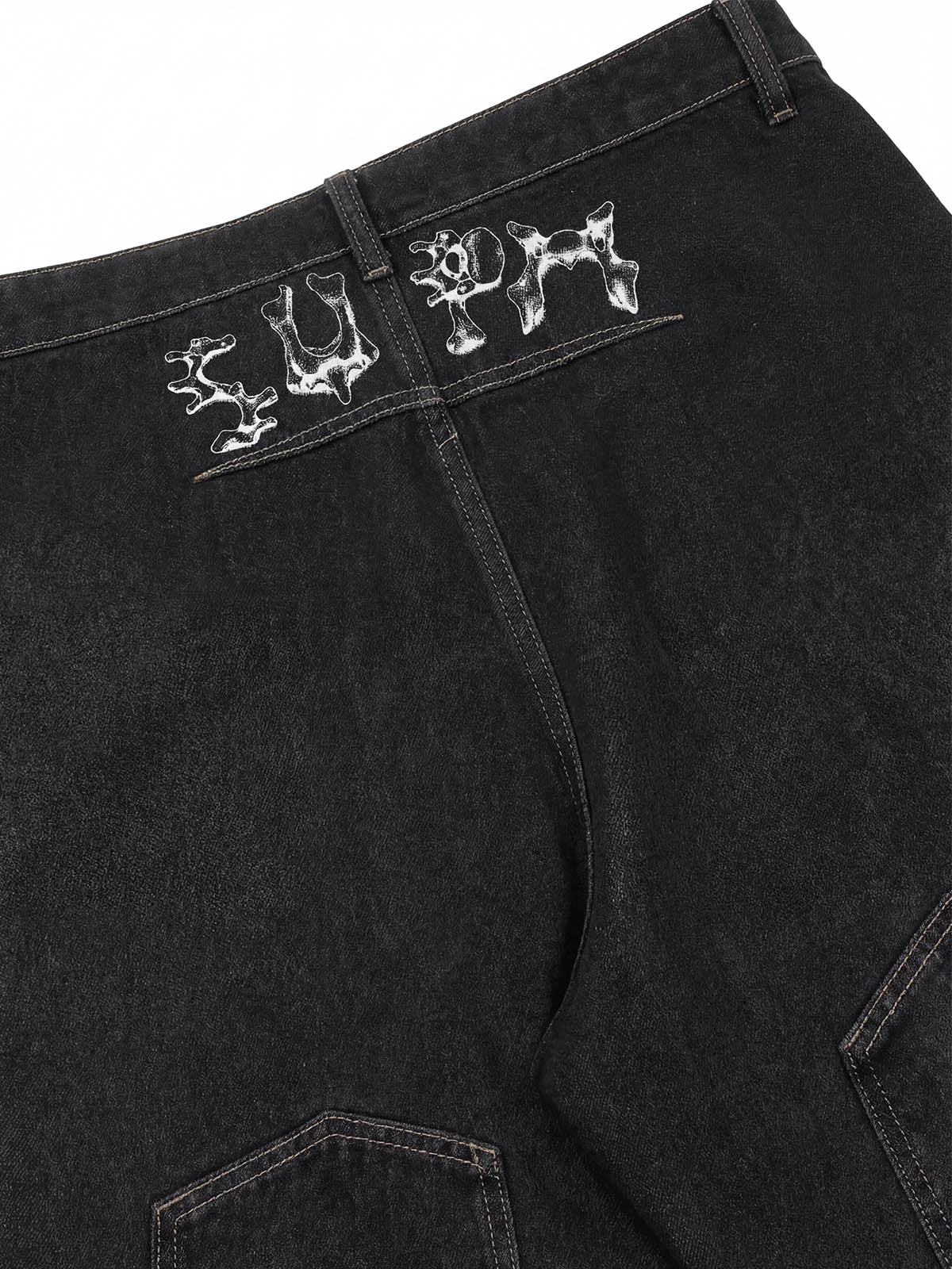 Denim Wide Leg Shorts with Skeleton Logo Embroidery and Patch Detail 