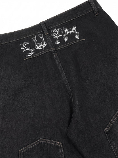 Denim Wide Leg Shorts with Skeleton Logo Embroidery and Patch Detail 
