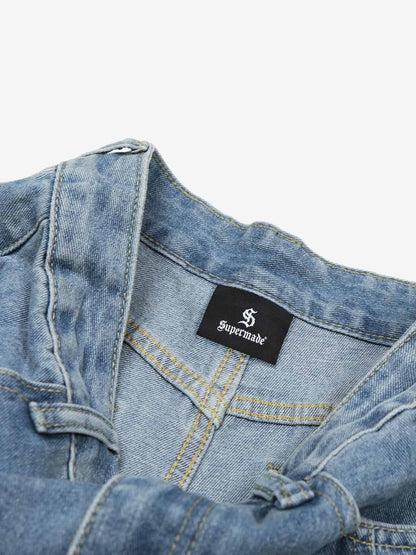 Denim Star-Print Wide-Leg Crop Pants with High Waist and Front Zipper Closure 