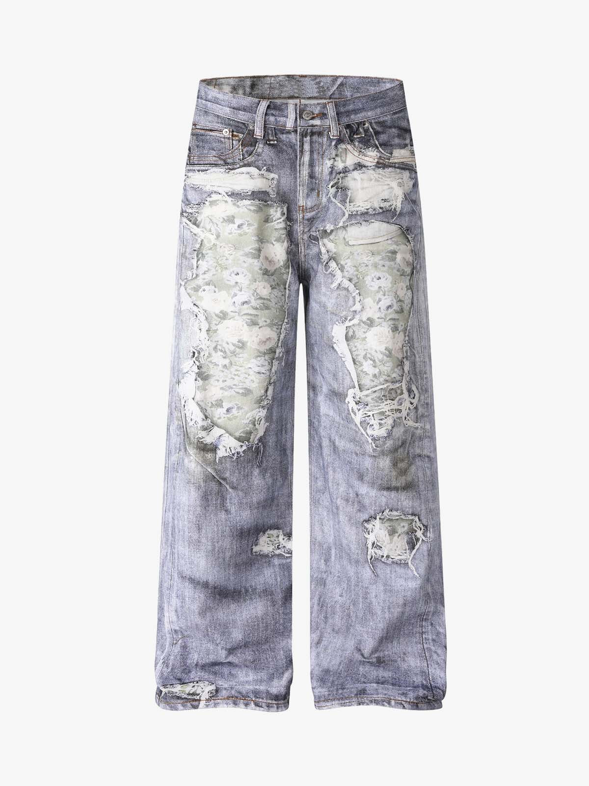 3D Graphic Distressed Wide-Leg Jeans