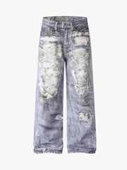 3D Graphic Distressed Wide-Leg Jeans