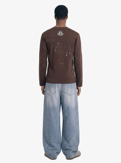 Cotton Washed Slim Fit Long-Sleeve T-Shirt with Splatter Graphic Print and Gothic 3D stereoscopic silicone printing Logo Design 