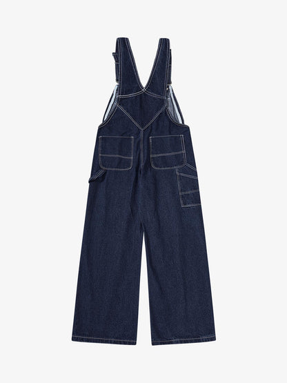 Vintage Contrast Stitch Raw Indigo Denim Wide-Leg Overalls 