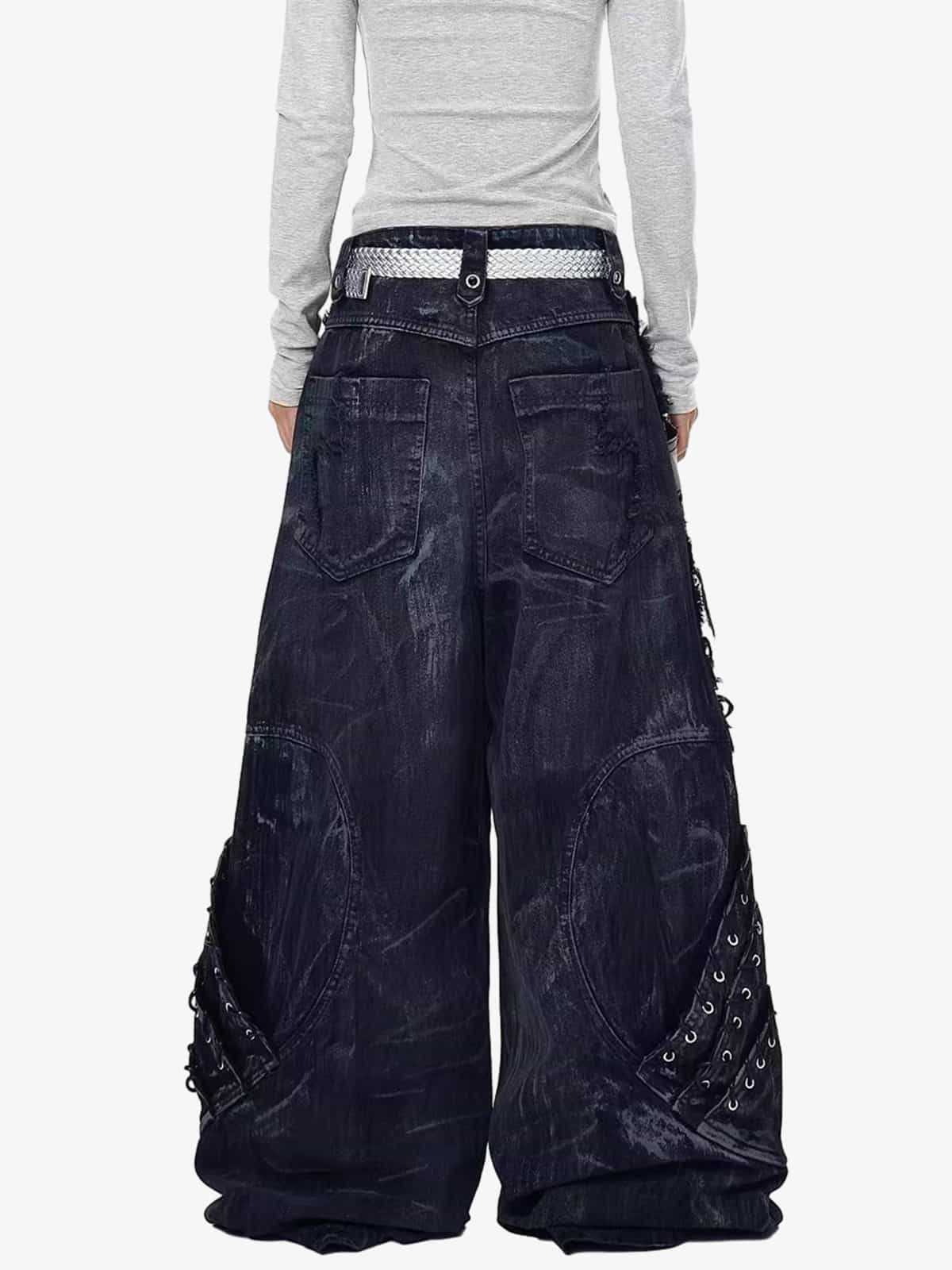 Retro Distressed Studded Heavy-Duty Functional Jeans 