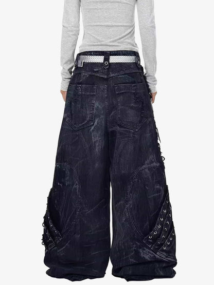 Retro Distressed Studded Heavy-Duty Functional Jeans 