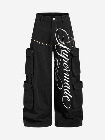 Embroidered Studded Multi-Pocket Paratrooper Cargo Jeans