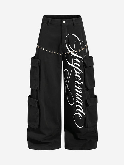 Embroidered Studded Multi-Pocket Paratrooper Cargo Jeans
