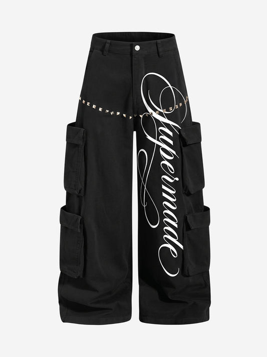Embroidered Studded Multi-Pocket Paratrooper Cargo Jeans