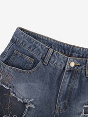 Bestickte Jeansshorts mit Used-Look und ausgefranstem Saum