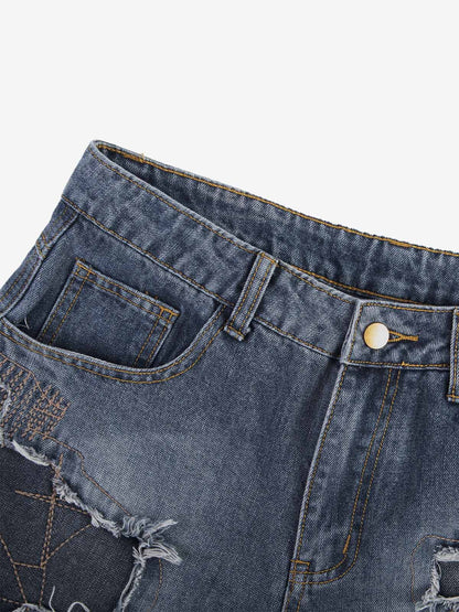 Embroidered Distressed Frayed-Hem Denim Shorts
