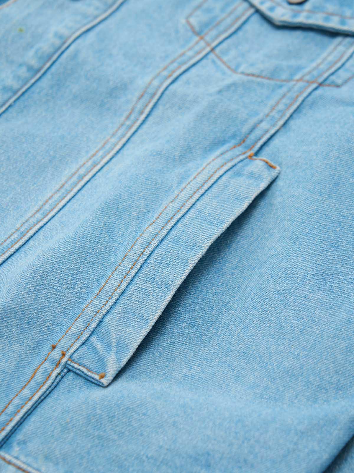 Thesupermade Flame-themed Deconstructed Color-contrast Reconstructed Distressed Raw-edge Denim Jacket 