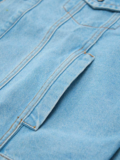 Thesupermade Flame-themed Deconstructed Color-contrast Reconstructed Distressed Raw-edge Denim Jacket 
