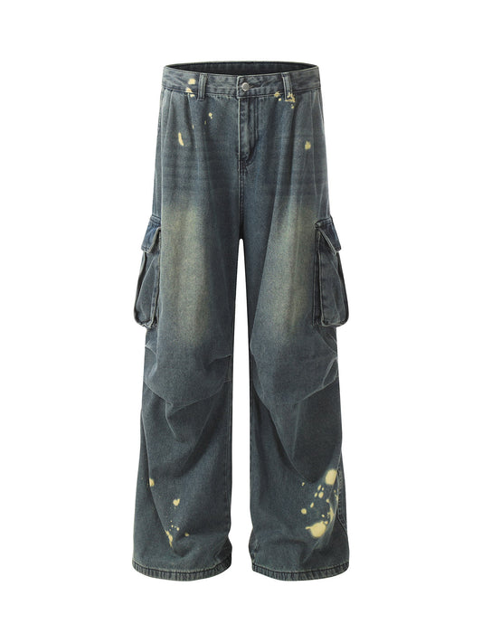 Spray-painted Reverse Pleated Cargo Jeans - 2293 