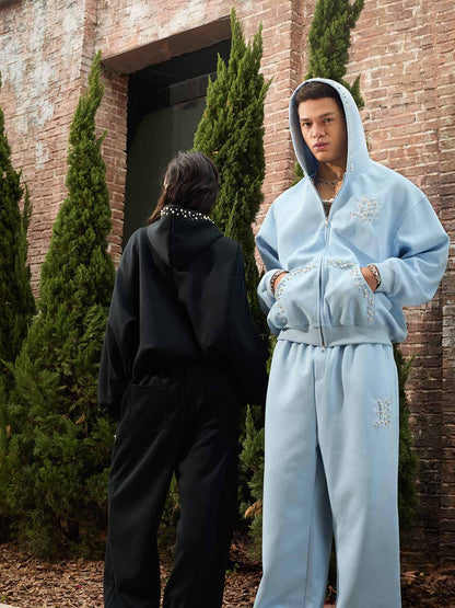 Cotton Blend Embroidered Pearl Detail Track Jacket with Zip Front and Hood 