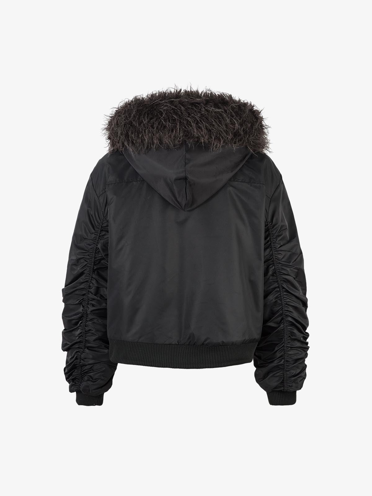Detachable Faux Fur Collar Ruched Sleeve Bomber Jacket 