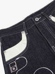 Musical Note Embroidery Raw Denim Jeans