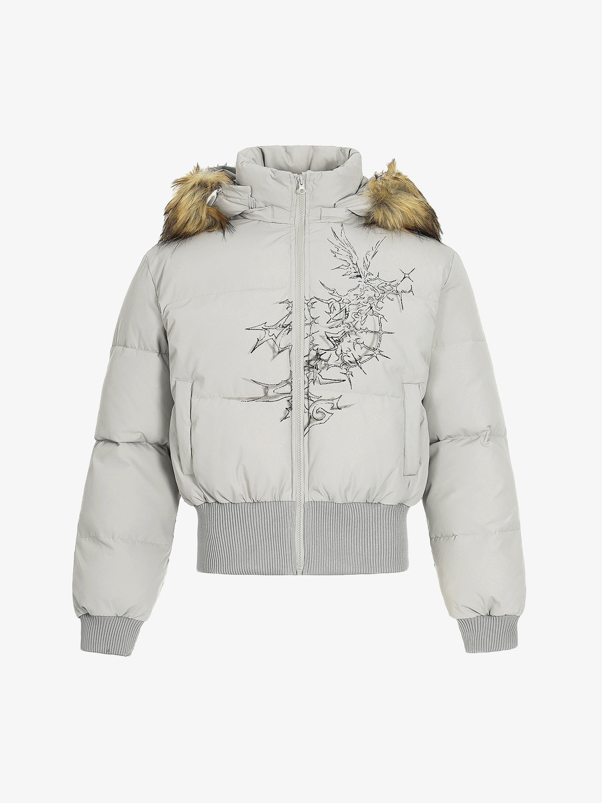 Retro Dark Print Faux Fur Collar Quilted Jacket 