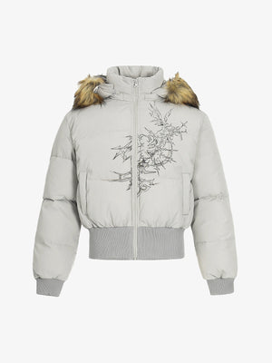 Retro Dark Print Faux Fur Collar Quilted Jacket 