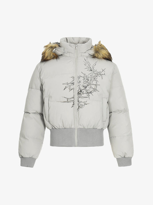 Retro Dark Print Faux Fur Collar Quilted Jacket 