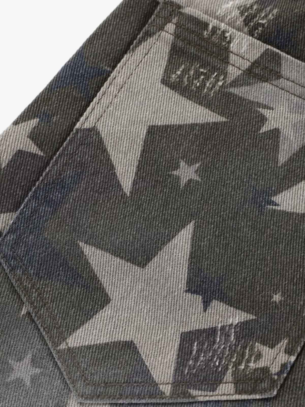 Denim Star Print Wide Leg Pants with Elastic Cuff for Casual Streetwear 