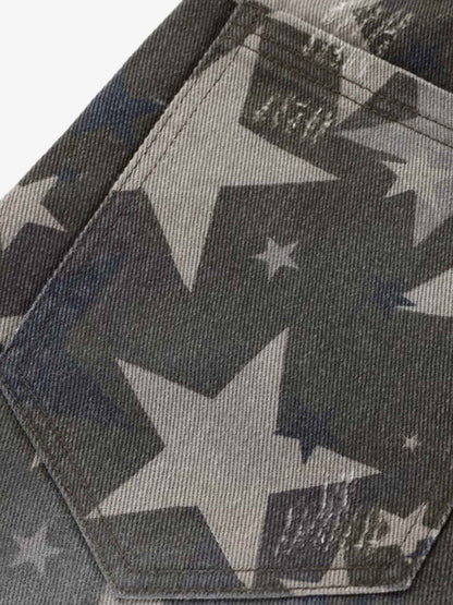 Denim Star Print Wide Leg Pants with Elastic Cuff for Casual Streetwear 