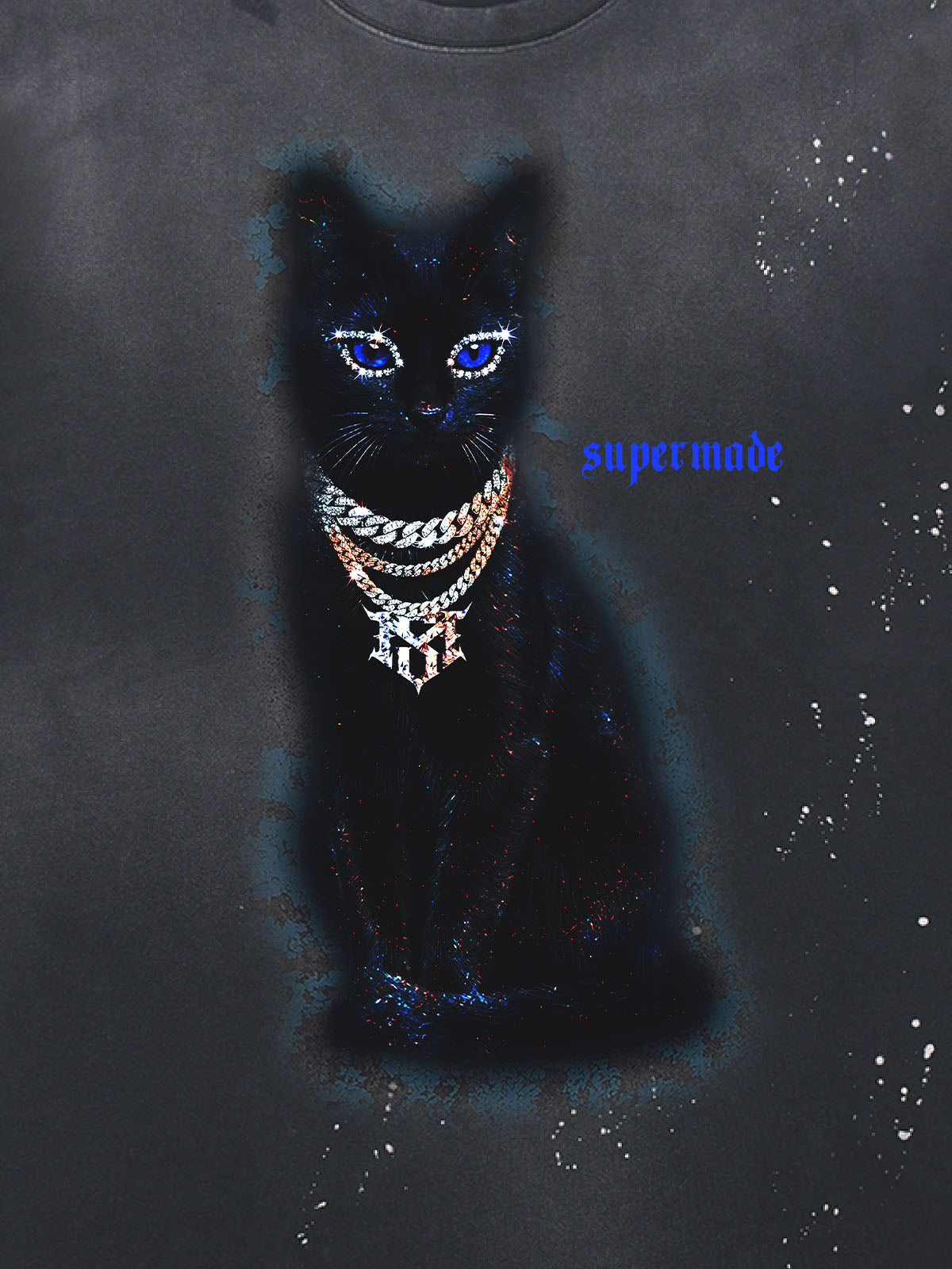 Cotton Black Cat Graphic T-Shirt with Chain Print and Splatter Design 