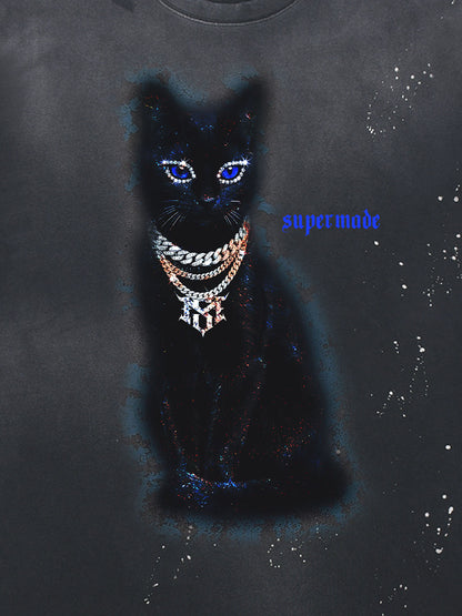 Cotton Black Cat Graphic T-Shirt with Chain Print and Splatter Design 