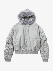 Faux-Fur Hood Ruched-Sleeve Padded Coat
