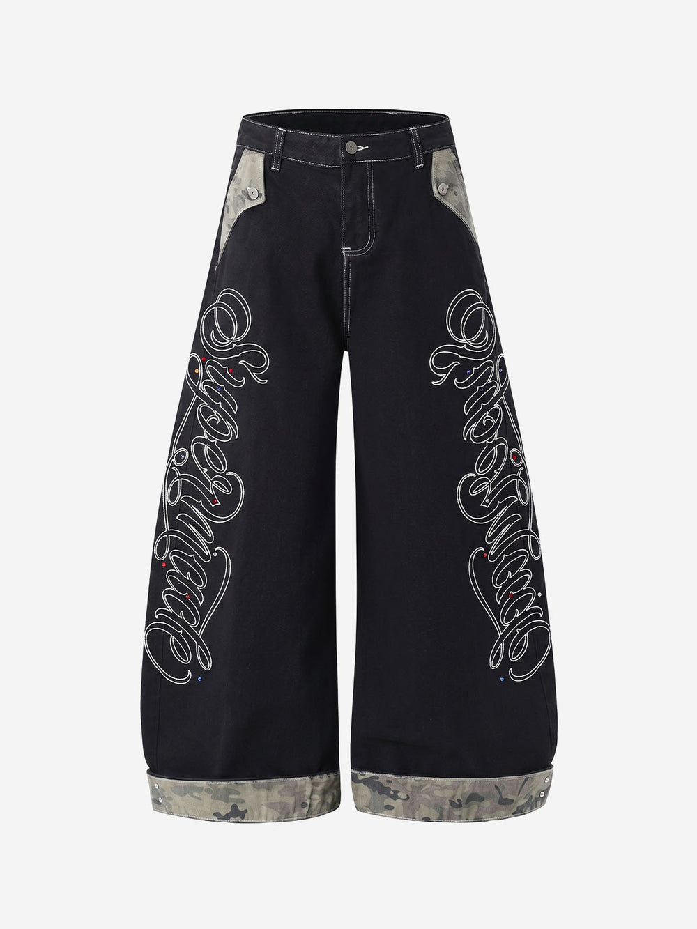 Camo Patchwork Rhinestone Embroidered Straight-Leg Jeans