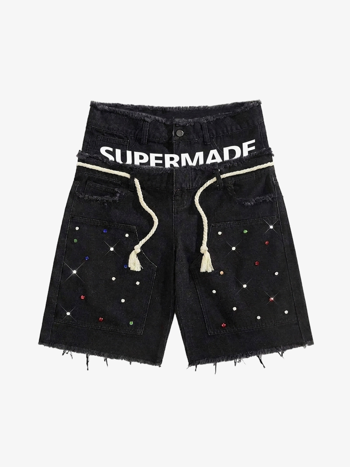 Rhinestone Letter Graphic Drawstring Denim Shorts