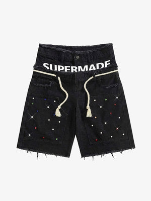 Rhinestone Letter Graphic Drawstring Denim Shorts