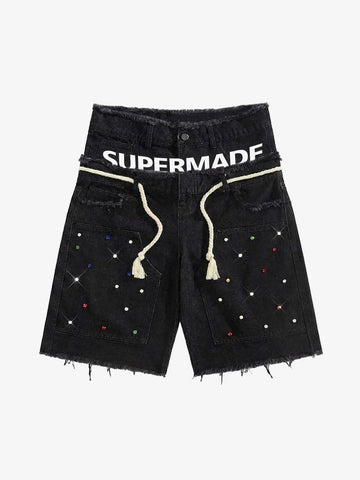 Rhinestone Letter Graphic Drawstring Denim Shorts