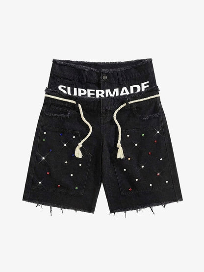 Rhinestone Letter Graphic Drawstring Denim Shorts