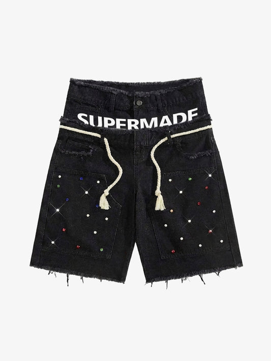 Rhinestone Letter Graphic Drawstring Denim Shorts