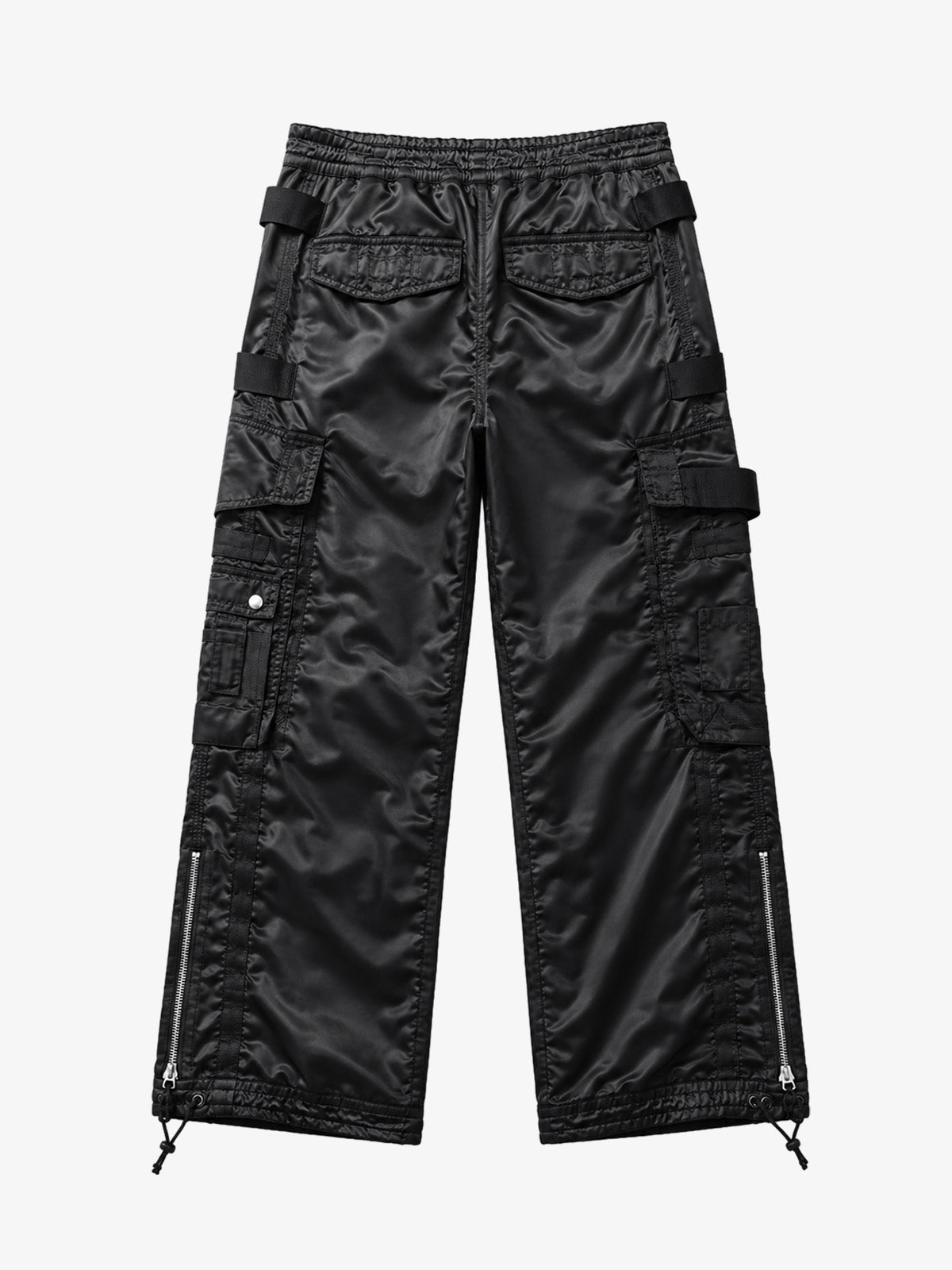 Multi-Pocket Zip Strap Glossy Nylon Moto Pants